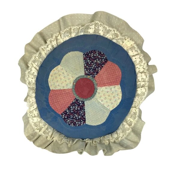 Handmade Vintage Dresden Flower Patchwork Round Pillow Blue Pink Cotton Ruffle - Picture 1 of 5